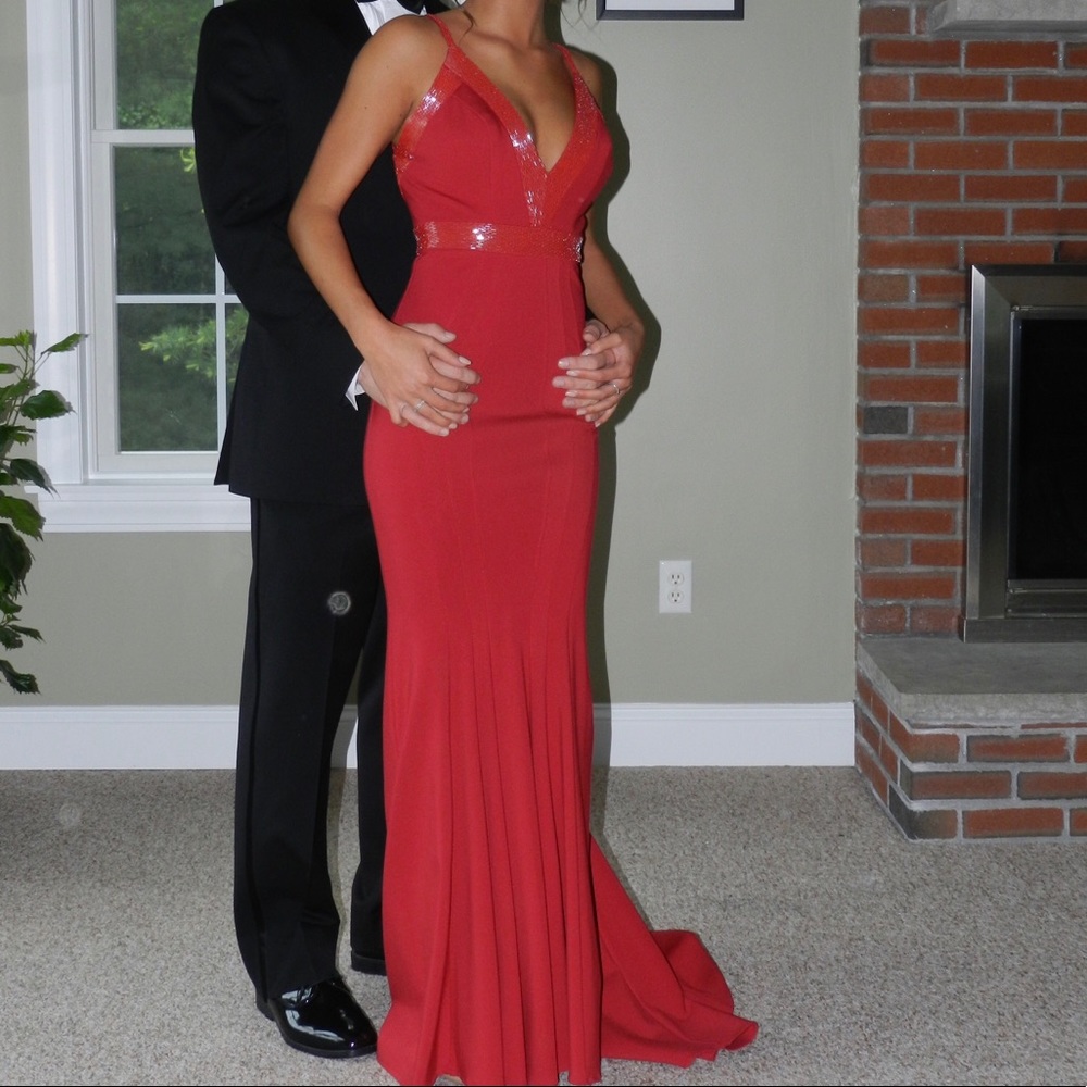 Jovanni Red prom dress with red beading